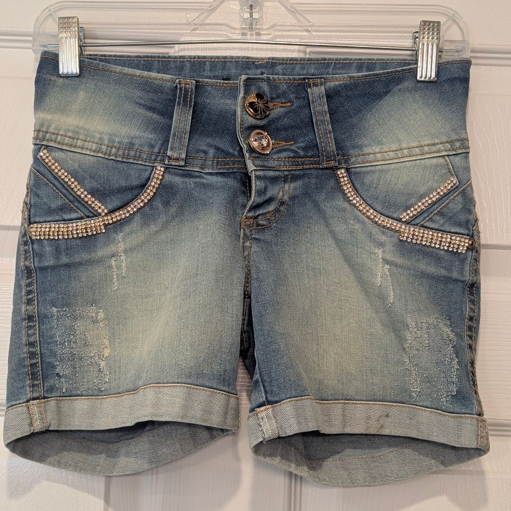Bob John Denim Shorts Rhinestone Sparkle Jean Denim Distressed Cut Off Size 36 M